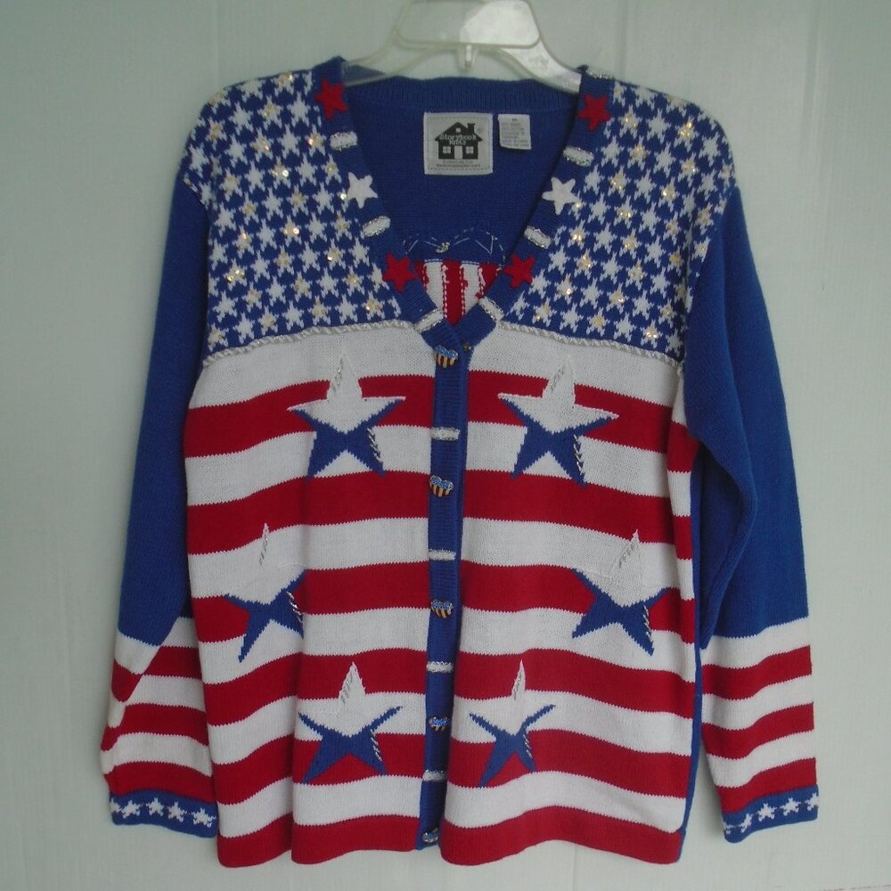 Storybook Knits Women Patriotic Christmas Cardigan Sweater Size M Red/White/Blue